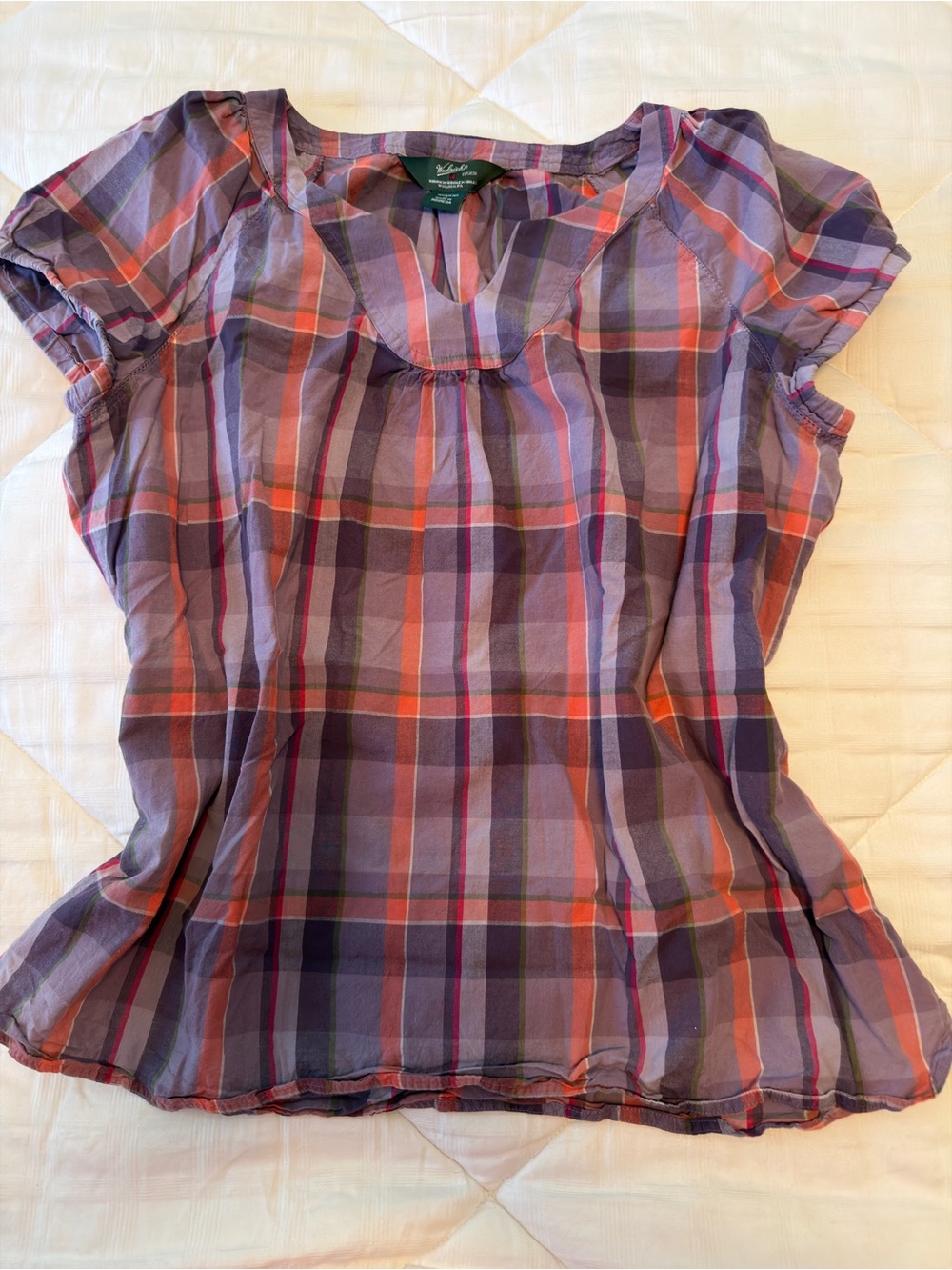 Woolrich Plaid Short-Sleeve Peasant Top Organic Cotton Size XL